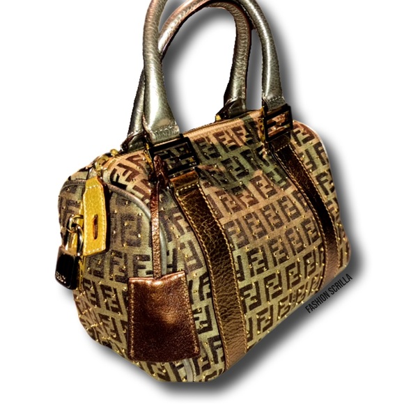 Fendi Zuchino Metallic Tobacco Brown Studded Gold Mini Forever Boston - Picture 11 of 13